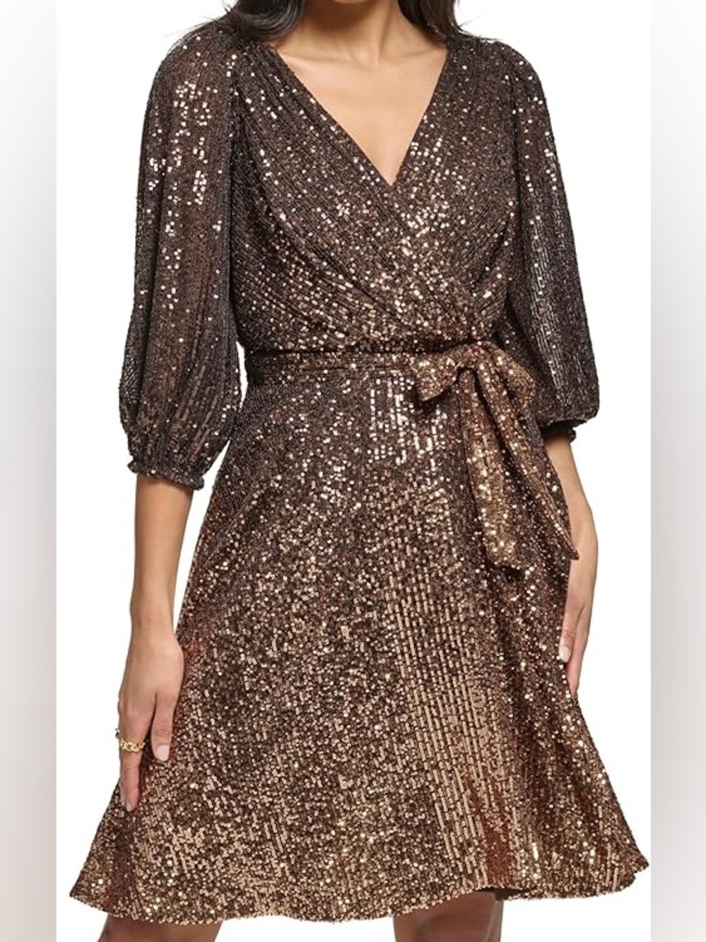 DKNY Bronze Sequin Wrap Dress with Tie Waist